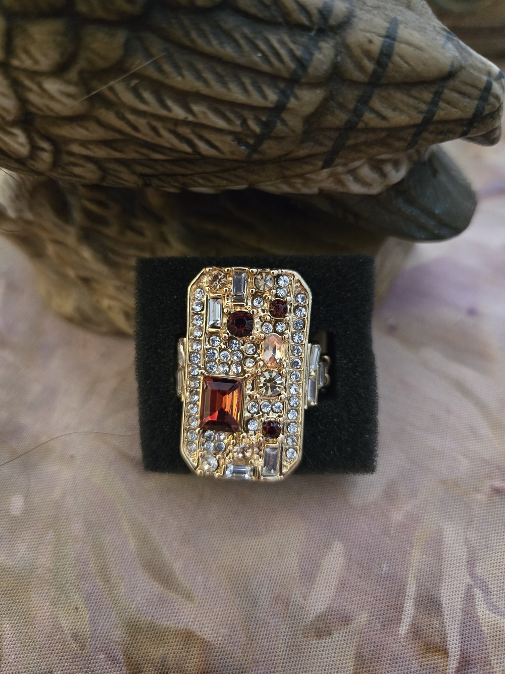 Gold Tone Women's Cocktail Ring with Red and Clear Stones